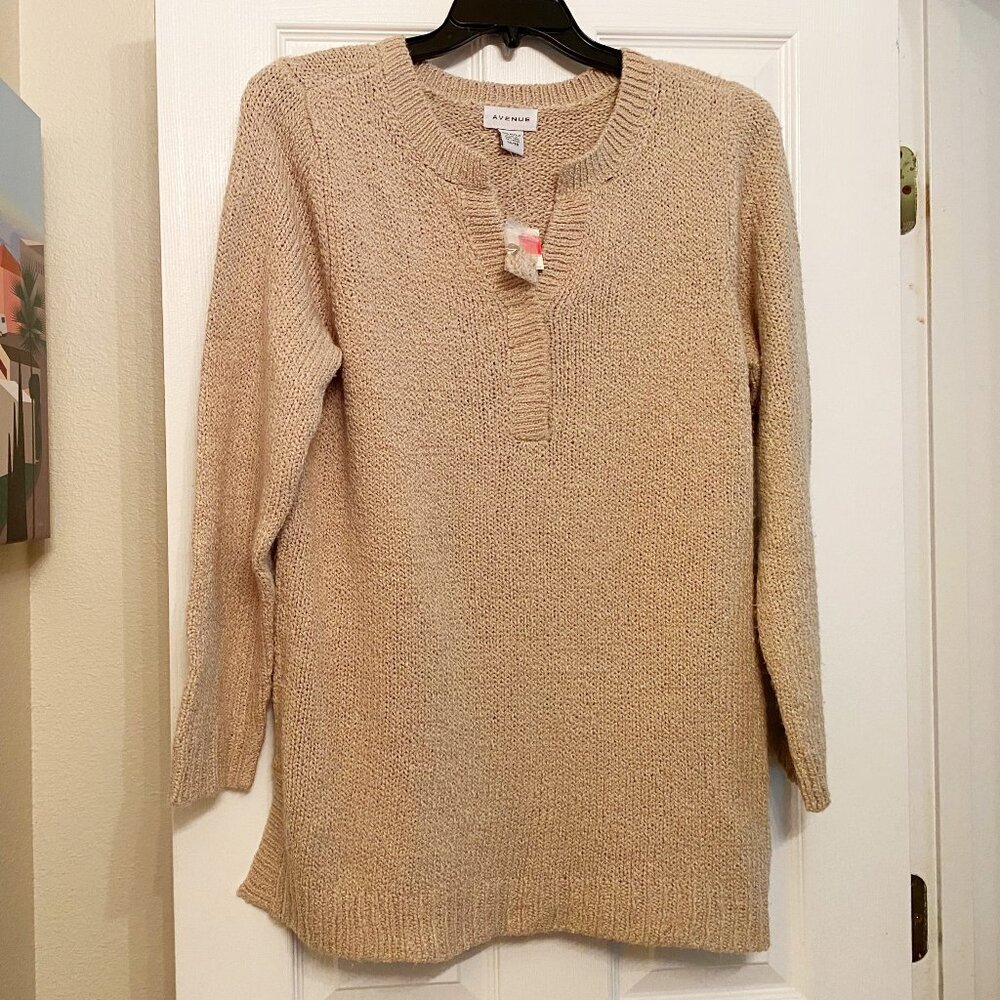 New Avenue Cozy Split-Neck Beige Tunic Sweater